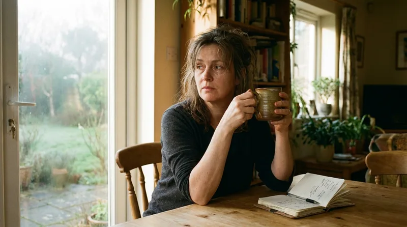 Woman sitting at a sunlit kitchen table with a mug, reflecting on changes in sleep and energy