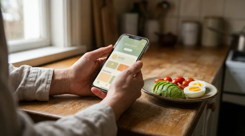 Person using a smartphone meal-tracking app at home to log food between nutrition coaching visits