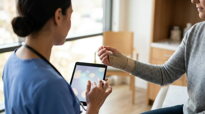 Nurse practitioner checking a patient's healing wrist in a splint during a follow-up injury visit
