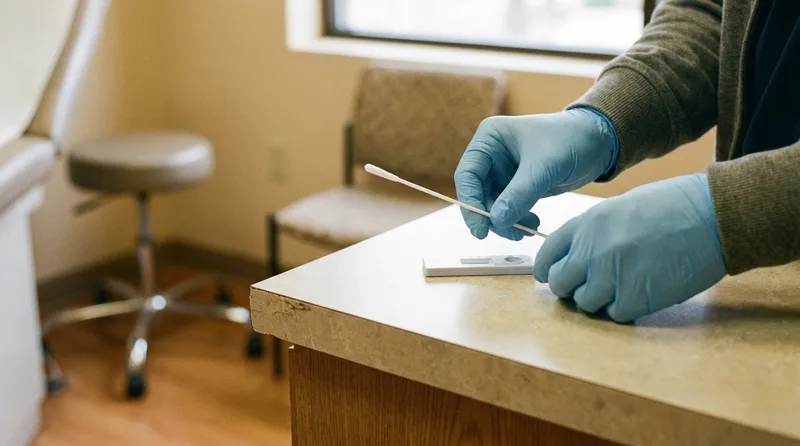 Clinician preparing a sterile throat swab for a strep test during a sick visit for infections