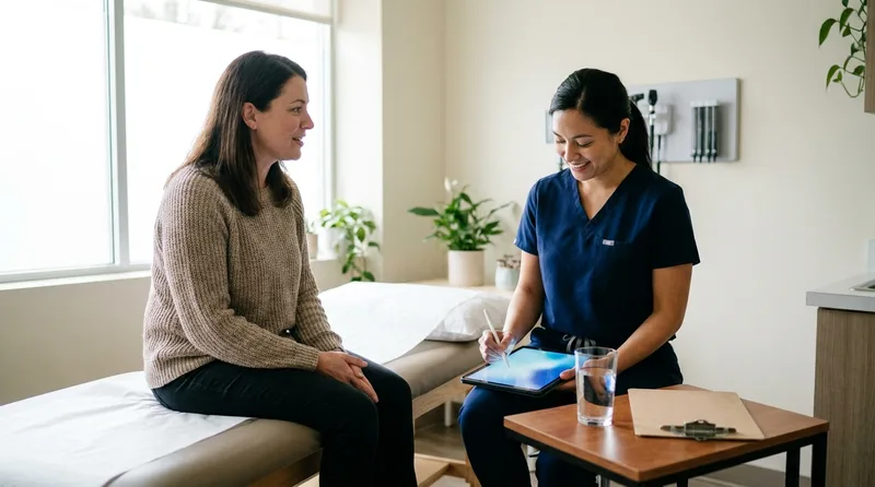 Nurse practitioner listening to a patient describe urinary symptoms during a sick visit for infections at a primary care clinic