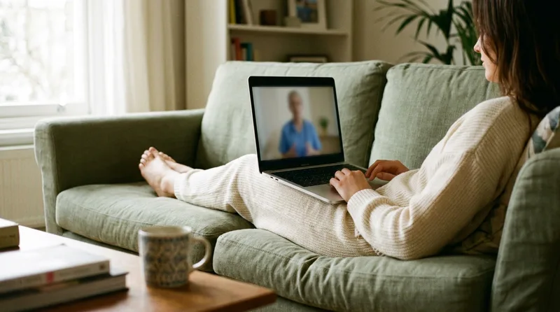 Person having a same-day telehealth mental health appointment from home in Atlanta