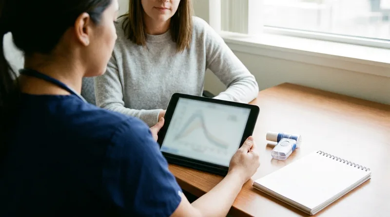 Nurse practitioner reviewing breathing test results with a patient during an adult onset asthma evaluation