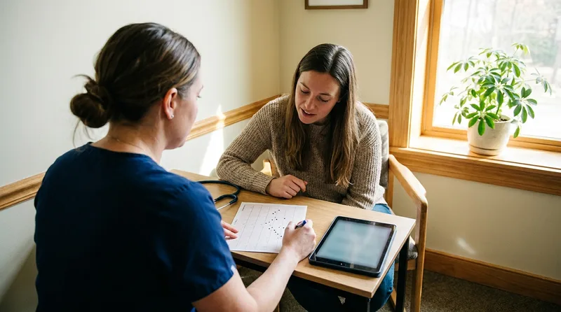 Nurse practitioner reviewing a cycle log with a patient in a bright exam room during an irregular periods visit