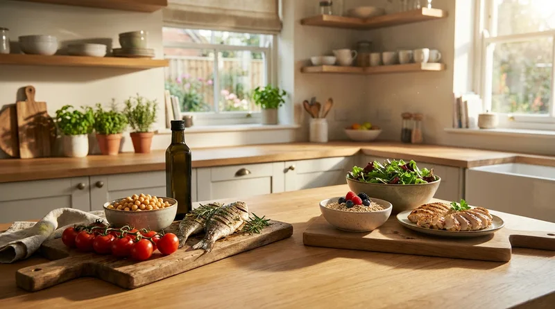 Home kitchen counter with a Mediterranean-style spread beside a DASH-style spread of vegetables, whole grains, fruit, and fish