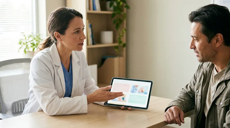 Nurse practitioner discussing GLP-1 treatment options with a patient in a consultation room