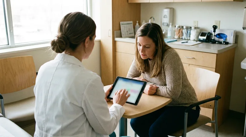 Nurse practitioner reviewing lab results on a tablet with a patient in a bright exam room