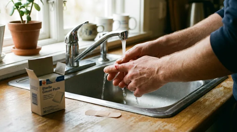 Hands rinsing a small finger cut under running water with sterile gauze and a bandage ready on the counter