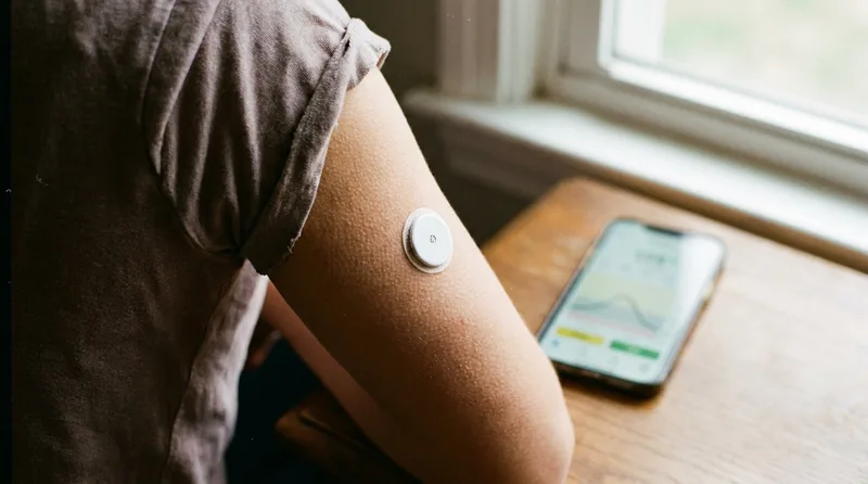 Continuous glucose monitor sensor patch applied to the back of a person's upper arm