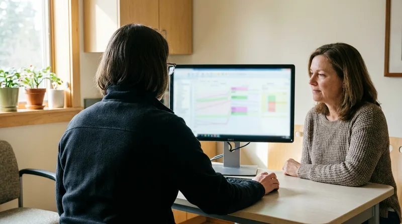 Nurse practitioner reviewing a hormone lab panel with a patient during a bioidentical hormone replacement therapy consultation