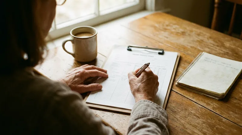 Person filling out a family cancer history chart to prepare for a doctor visit