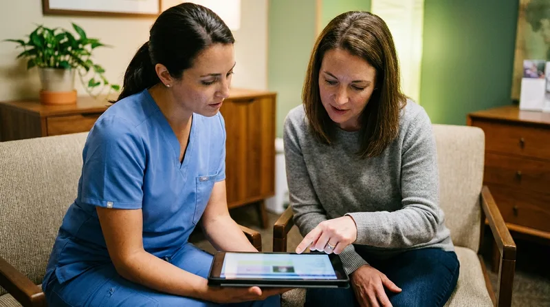 Nurse practitioner reviewing ongoing cardiovascular care results with a patient in a Georgia primary care clinic