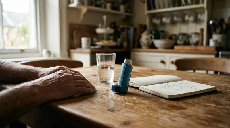 Inhaler, water glass, and symptom diary on a kitchen table for managing adult onset asthma daily