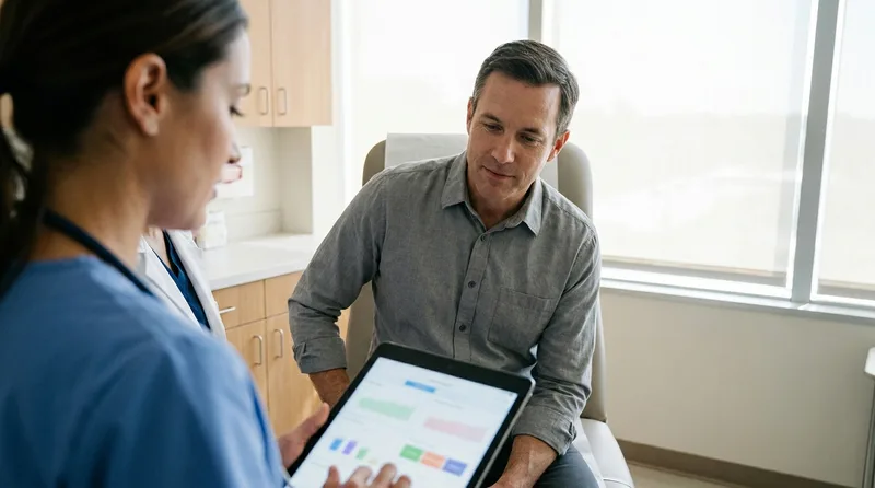 Nurse practitioner reviewing kidney test results on a tablet with a patient in a bright exam room