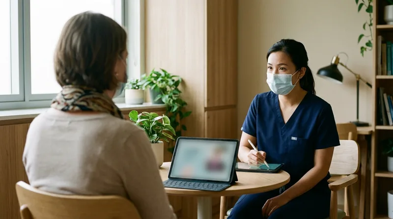 Nurse practitioner listening to a patient and taking notes during a private consultation in a bright exam room