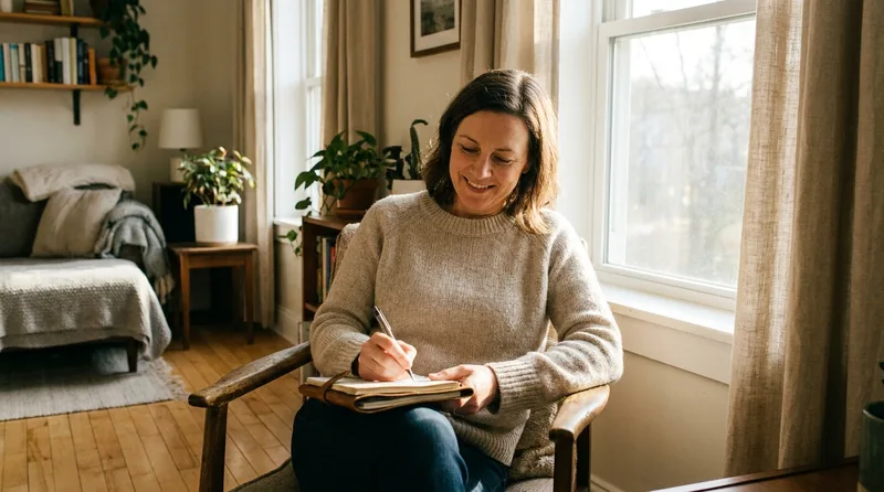 Woman tracking her symptoms in a notebook at home while starting bioidentical hormone replacement therapy