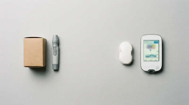 Fingerstick test strips and lancing device beside a continuous glucose monitor sensor kit