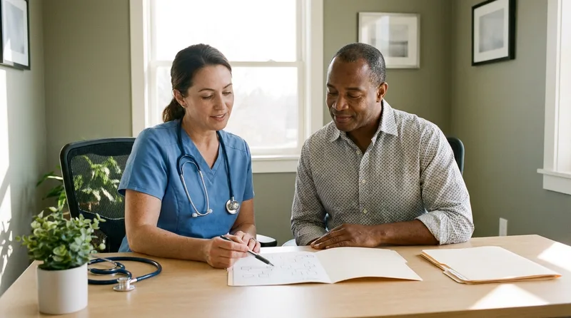 Nurse practitioner and patient reviewing a hand-drawn family tree together during a primary care visit about heart health history.