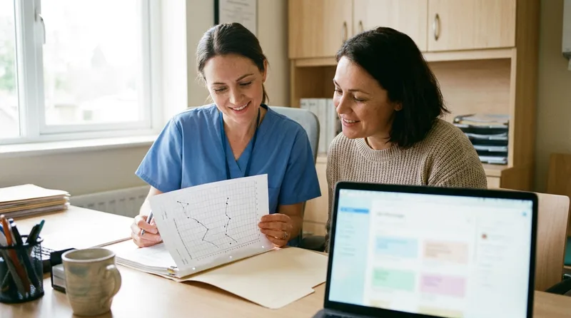 Nurse practitioner reviewing a patient's weight management progress chart during a consultation