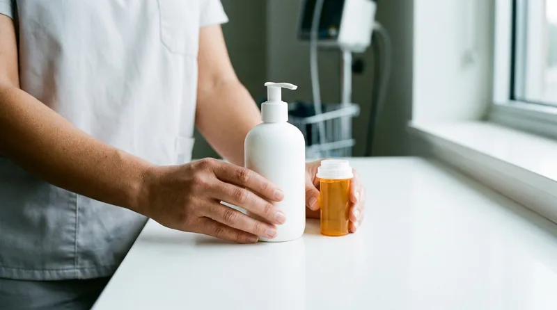 Close-up of a hormone cream and a prescription pill bottle representing bioidentical versus traditional hormone therapy options
