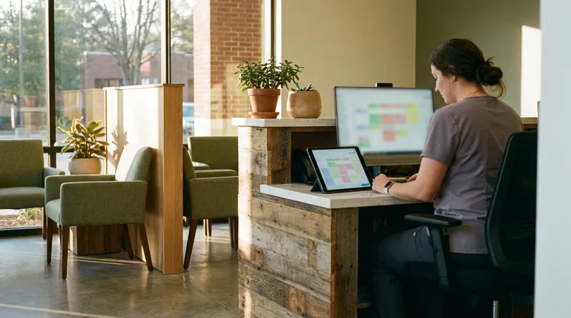 Front desk of a primary care clinic checking new patient appointment availability in Metro Atlanta