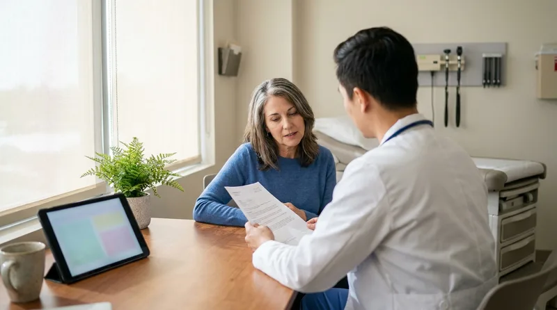 Nurse practitioner reviewing hormone lab results with a woman in her 50s during an exam room consultation