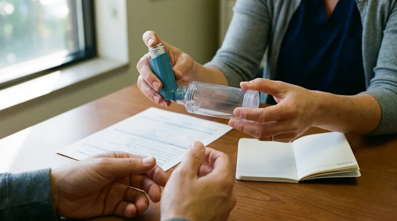 Nurse practitioner demonstrating inhaler technique with a spacer at a primary care visit for asthma