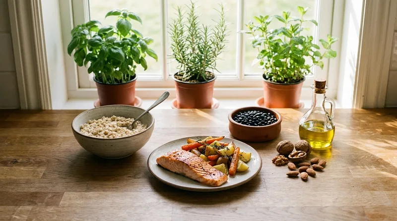 Heart-healthy foods including oats, salmon, beans, vegetables, and nuts arranged on a kitchen counter