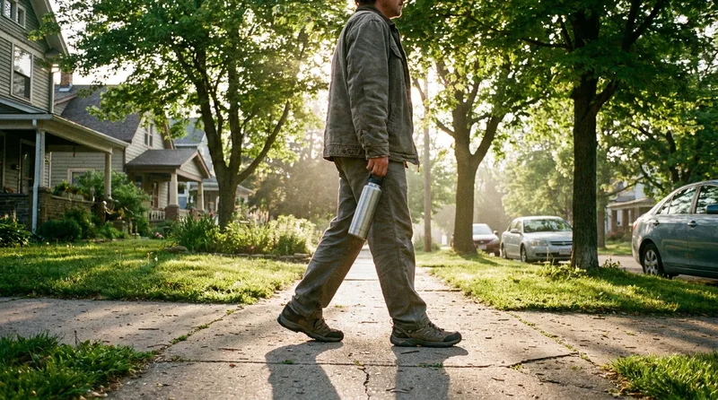 Adult walking along a tree-lined neighborhood street in morning light with a water bottle
