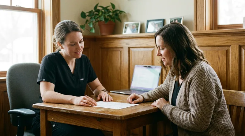 Nurse practitioner reviewing a patient's family cancer history during a primary care visit