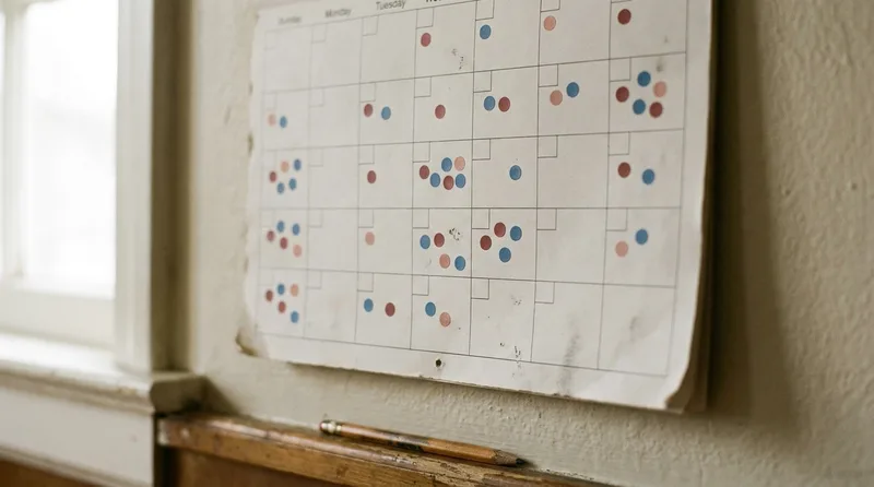 Wall calendar with colored dot stickers marking unevenly spaced period days to show irregular periods tracking