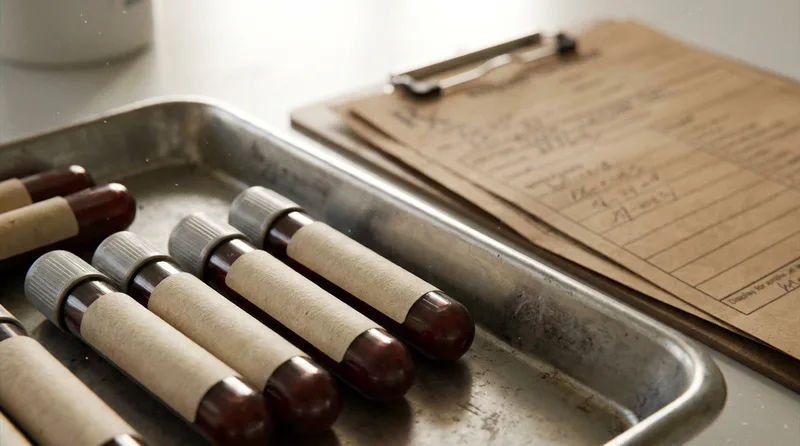 Labeled blood sample vials for hormone testing for women arranged on a clinical lab tray