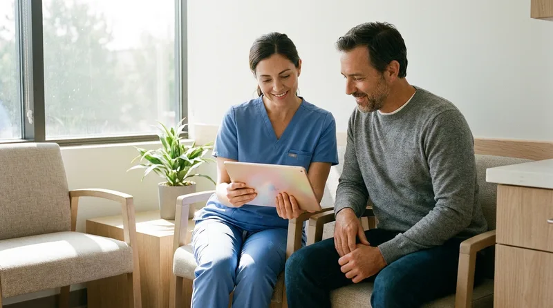 Nurse practitioner and patient reviewing care options together during an unhurried primary care visit