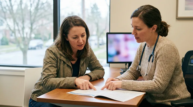 Provider and a woman patient reviewing hormone testing results together during a follow-up consultation