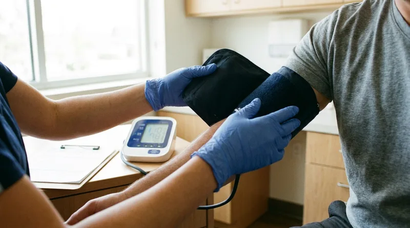 Nurse practitioner placing a blood pressure cuff on a patient's arm during a heart health check up