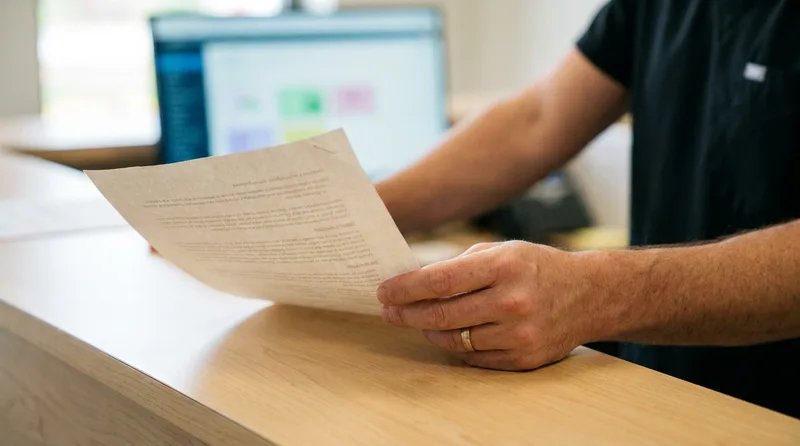 Patient reviewing a simple upfront pricing sheet at a self-pay primary care clinic desk