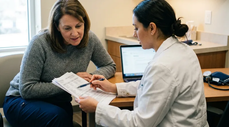 Nurse practitioner reviewing a personalized meal plan and lab results with a patient during a nutrition counseling visit