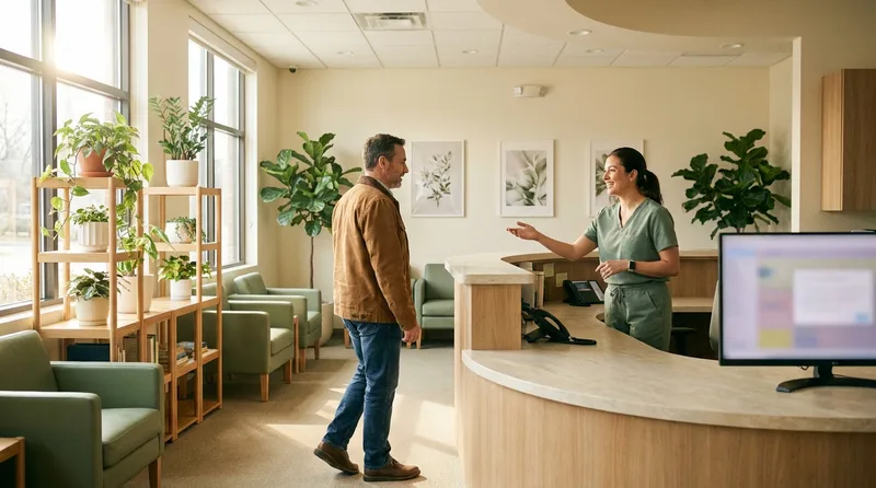 Patient being welcomed at the front desk of a nurse-practitioner-led primary care clinic in Avondale Estates for a same-day sick visit