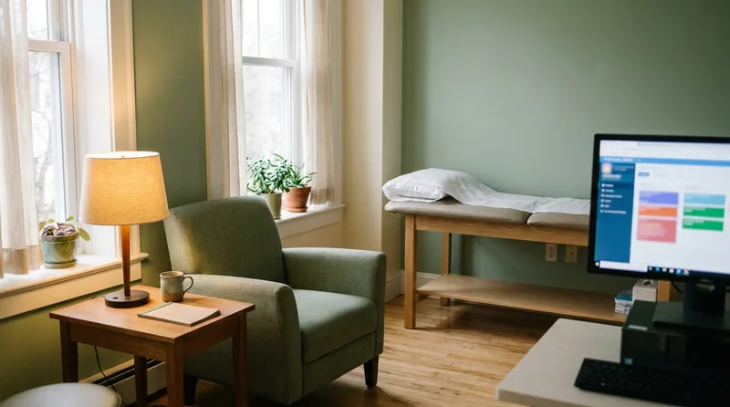 Calm primary care exam room where same-day mental health visits take place