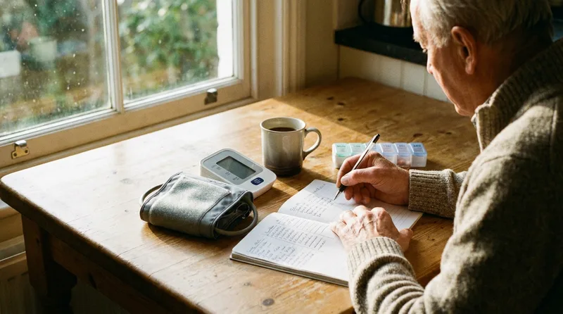 Adult logging a home blood pressure reading at a kitchen table between heart health visits