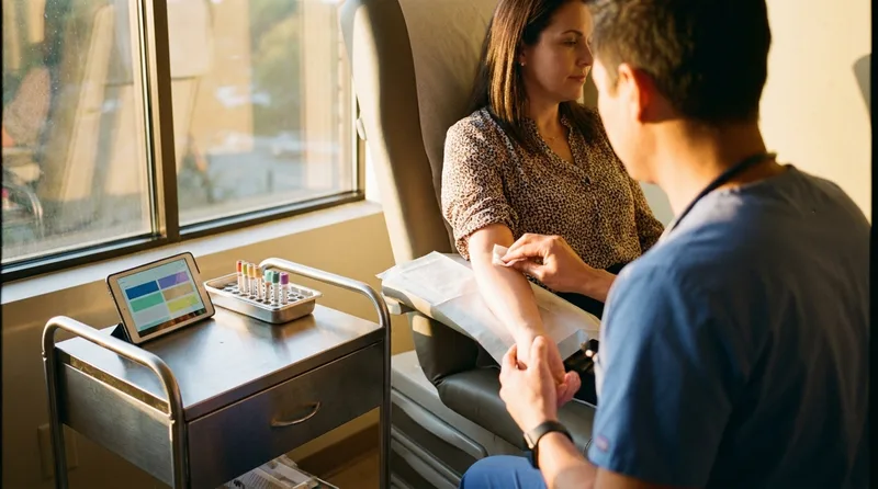 Healthcare provider preparing a woman patient for a blood draw during a hormone testing appointment