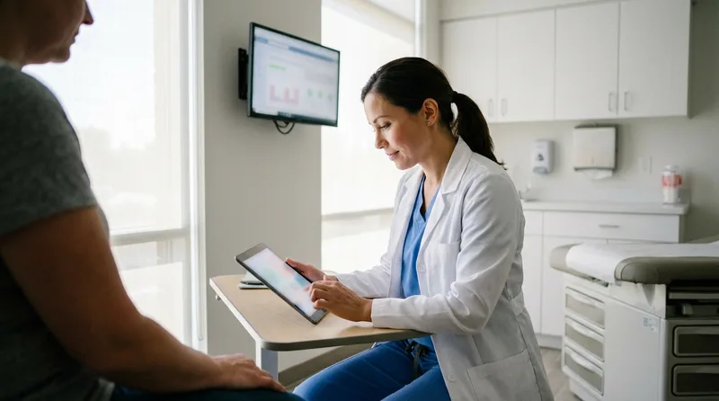 Nurse practitioner reviewing a patient's symptoms on a tablet during a same-day sick visit