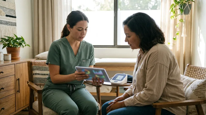 Nurse practitioner reviewing a cardiovascular risk assessment test with a patient in a primary care exam room