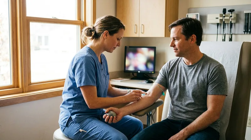 Healthcare provider drawing a blood sample for a diabetes screening test in an exam room