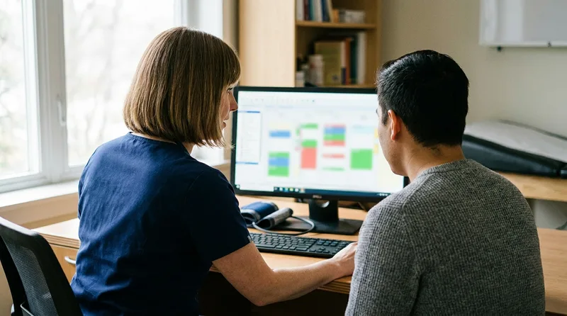 Nurse practitioner reviewing heart risk factors with a patient at a computer in a primary care office