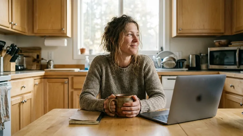 Woman sitting at a kitchen table holding a mug, looking tired on a quiet morning