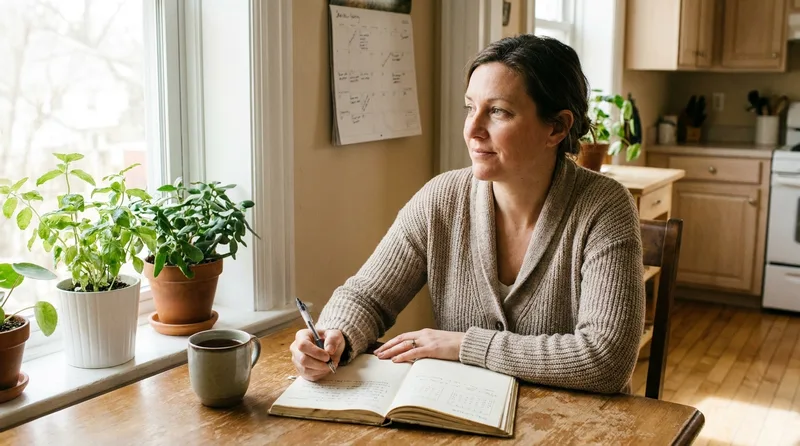 Woman in her mid-40s tracking cycle dates and symptoms in a notebook at a sunlit kitchen table