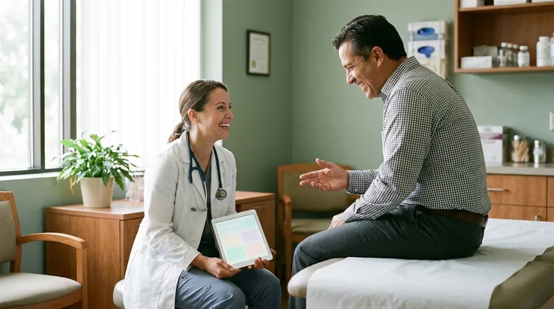 Nurse practitioner talking with a patient during a primary care visit