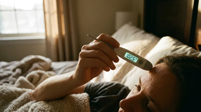 Digital thermometer checking for a fever, one of the key differences between a cold and the flu