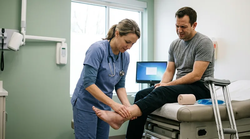 Nurse practitioner examining a patient's swollen ankle in a bright exam room with a compression bandage nearby